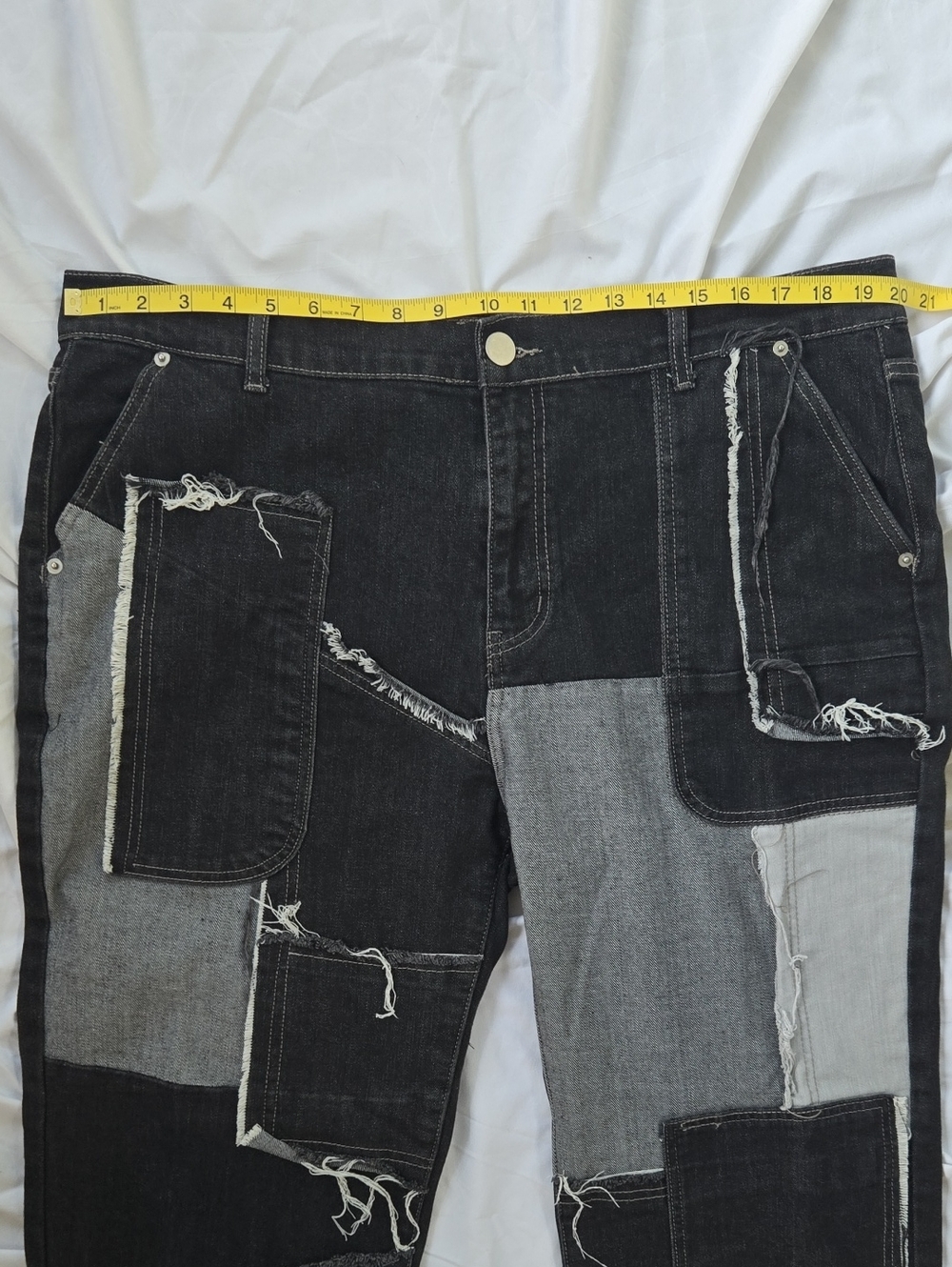 Mens Cool Black Jeans With Multi Patch Work Different Colors & Fringe Front Only - Picture 3 of 9